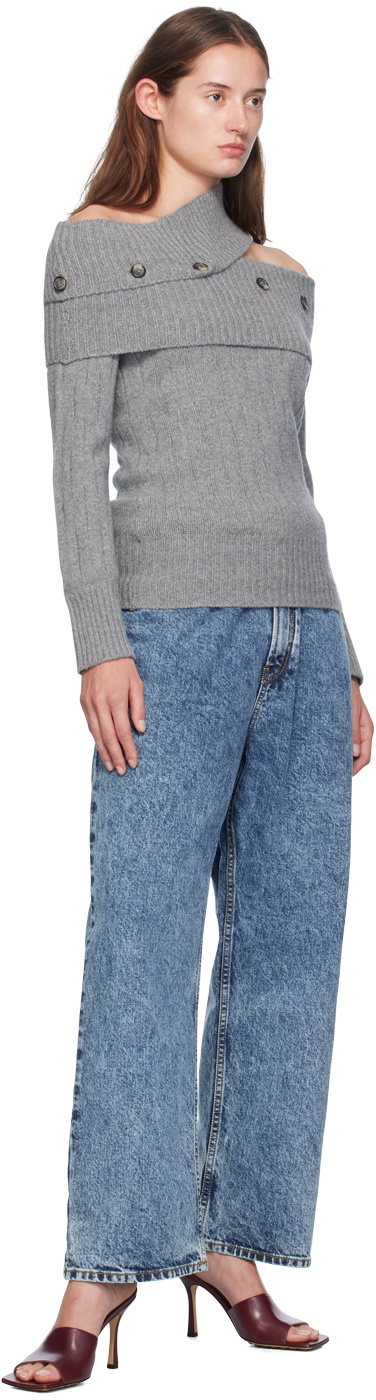 Rokh Gray Off Shoulder Multi Button Knit Sweater
