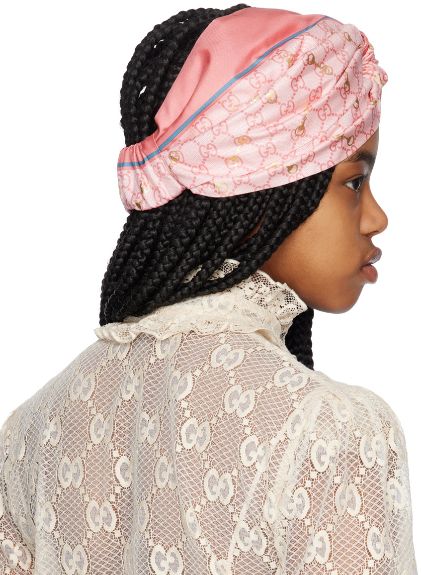 Gucci★素敵！Pink Knitted Embroidered Patch Head Band Visor Gucci Women's Pink Knitted Wool Embroidered Patch Head Band
