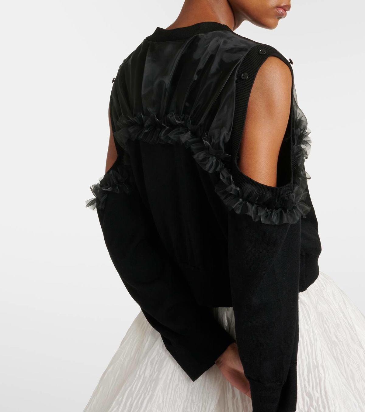 Noir Kei Ninomiya Cutout tulle-trimmed wool cardigan