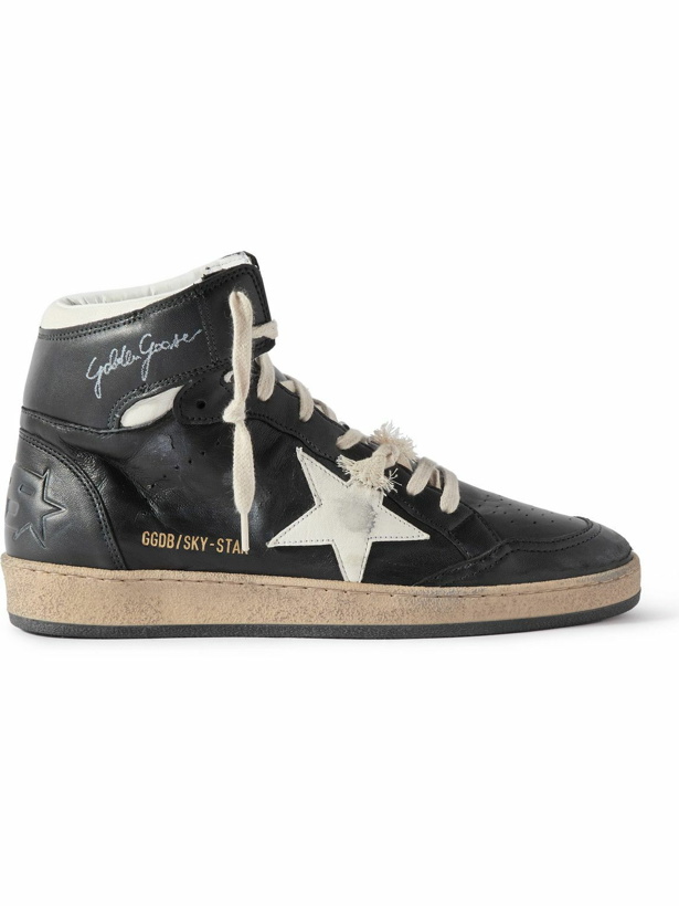 Photo: Golden Goose - Sky Star Distressed Leather High-Top Sneakers - Black