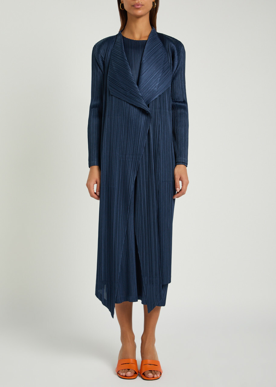 Pleats Please Issey Miyake Pleated Woven Coat Navy