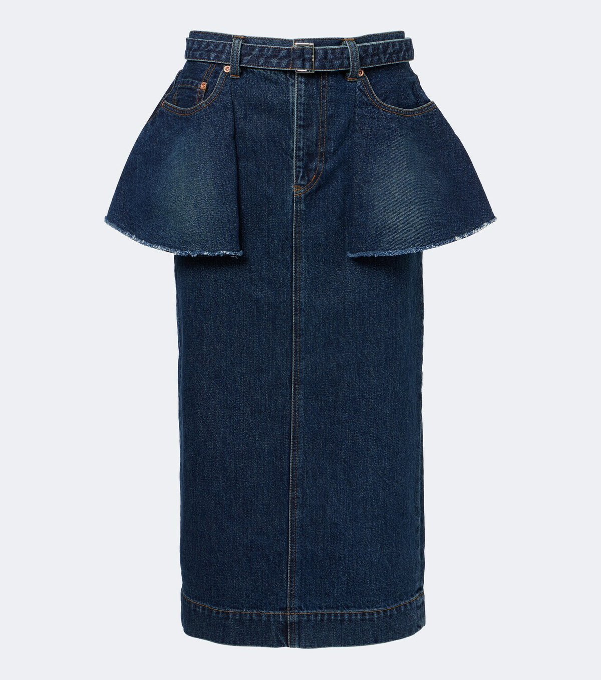 Sacai Belted peplum denim midi skirt
