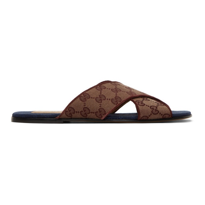 Photo: Gucci Burgundy and Navy GG Canvas Sandals