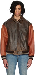 GUESS USA Brown & Orange Varsity Leather Bomber Jacket