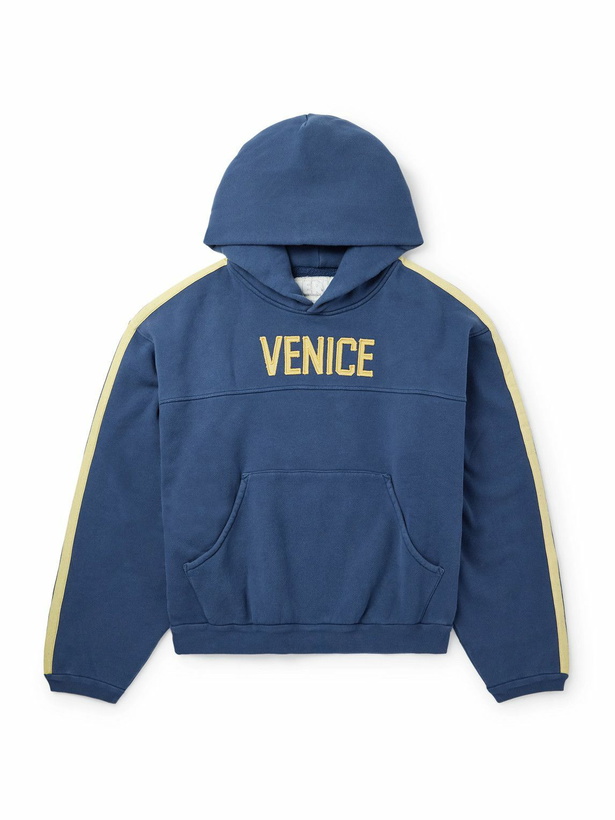 Photo: ERL - Venice Football Cropped Appliquéd Cotton-Blend Jersey Hoodie - Blue