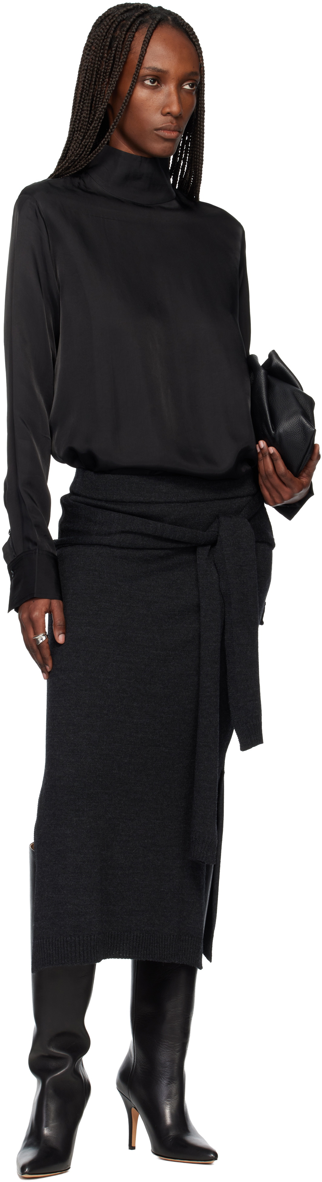 TONYWACK Black Liquid Oversized High Neck Blouse