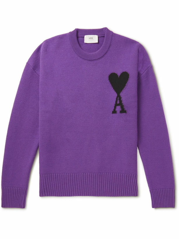 Photo: AMI PARIS - Logo-Intarsia Virgin Wool Sweater - Purple