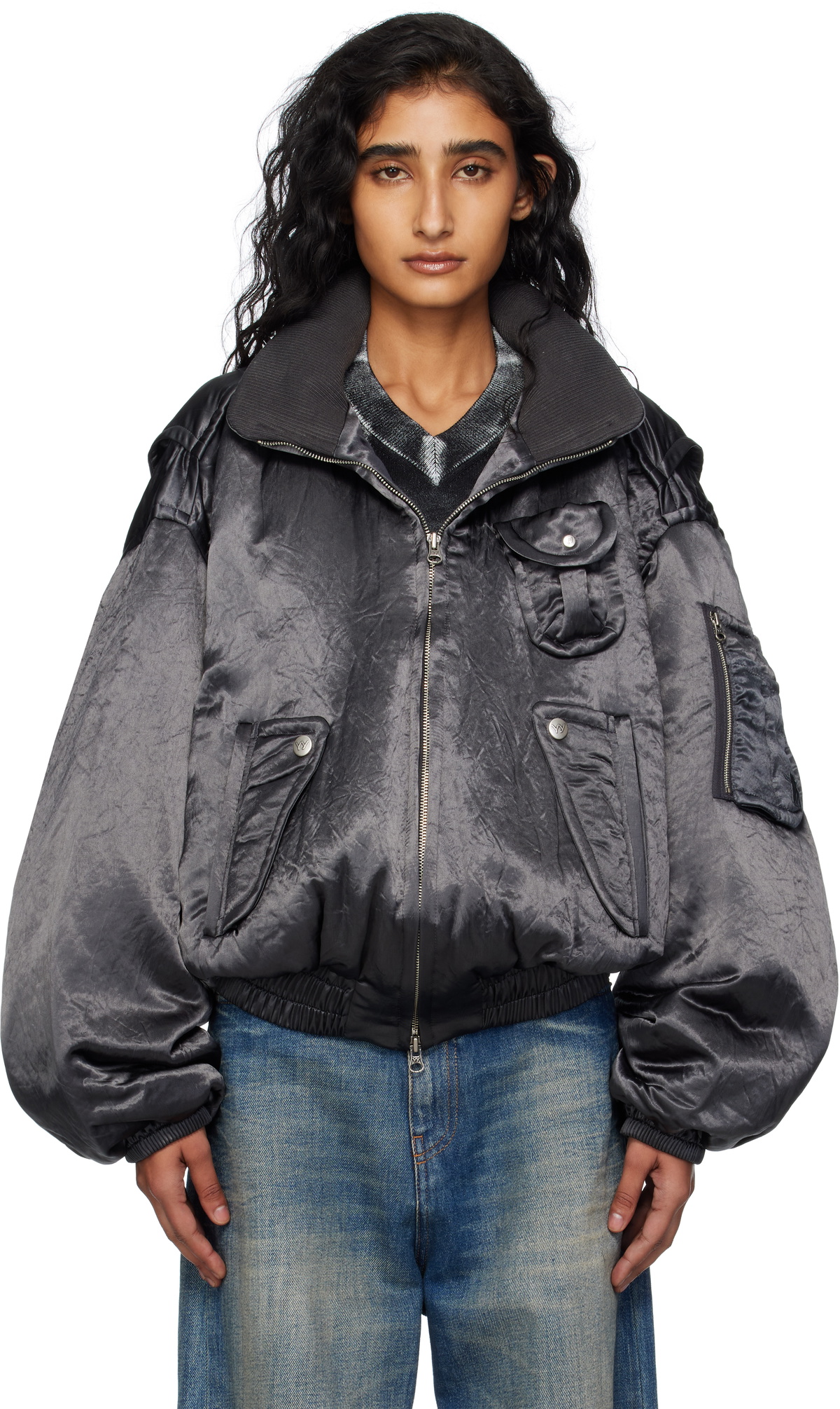 paper like crop bomber open yy ブラック　ブルゾン OPEN YY Black Paper Like Crop Bomber Jacket OPEN YY