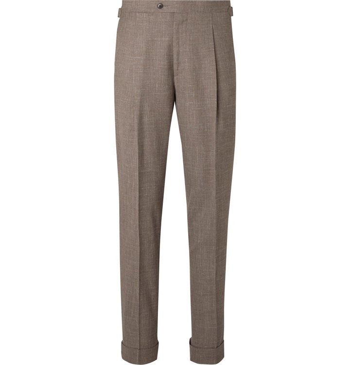 Photo: Saman Amel - Taupe Tapered Pleated Mélange Wool, Silk and Linen-Blend Suit Trousers - Brown