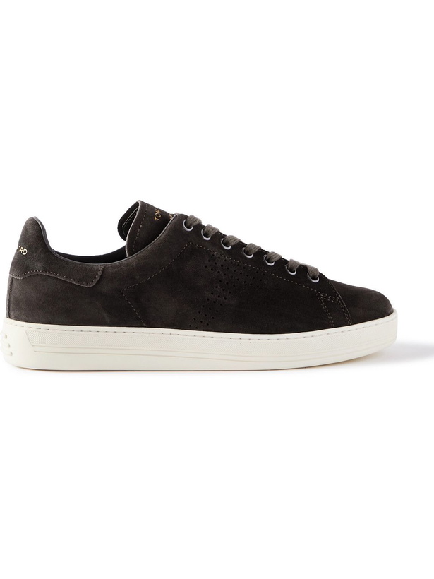 Photo: TOM FORD - Warwick Perforated Suede Sneakers - Brown