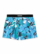 TOM FORD - Floral-Print Velvet-Trimmed Stretch-Silk Satin Boxer Shorts - Blue