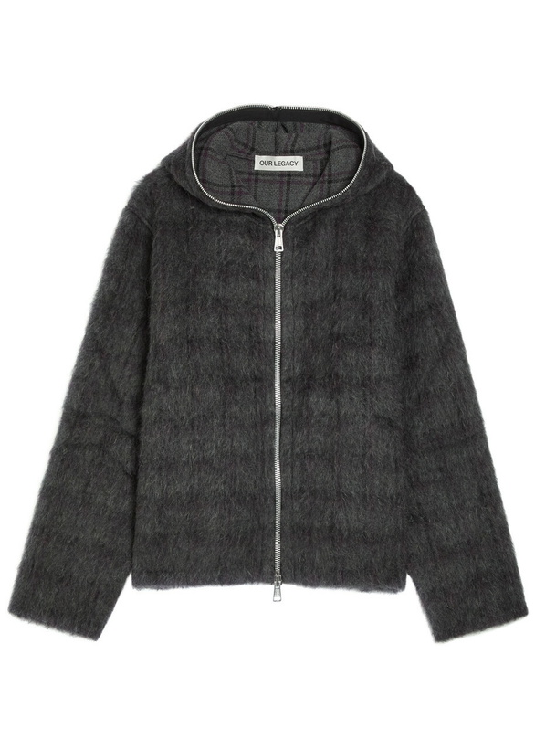 Photo: Our Legacy Checked Zip-through Brushed Wool-blend Jumper Dark Brown