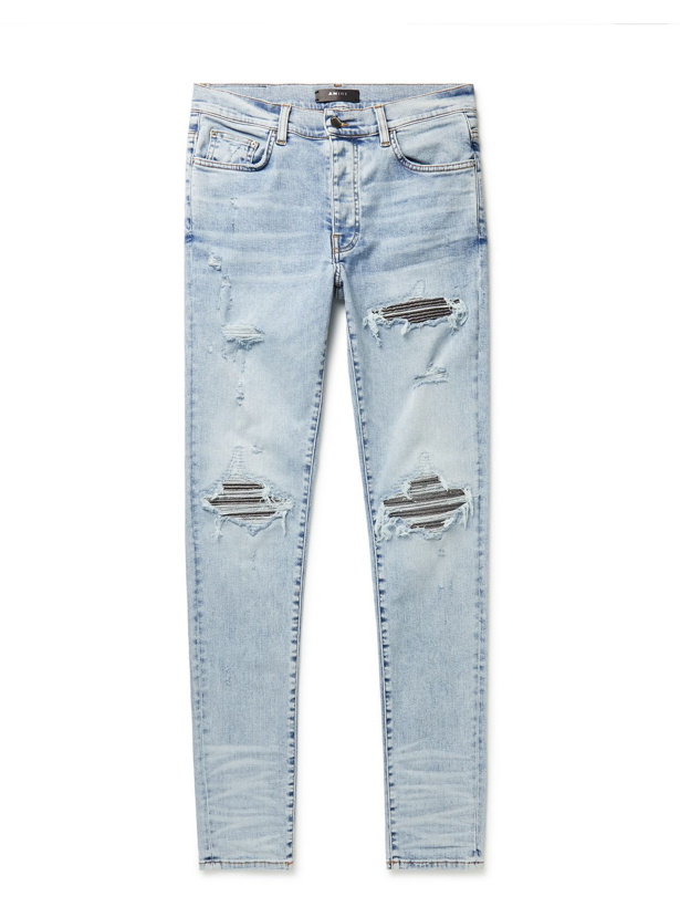 Photo: AMIRI - MX1 Skinny-Fit Lamé-Panelled Distressed Jeans - Blue