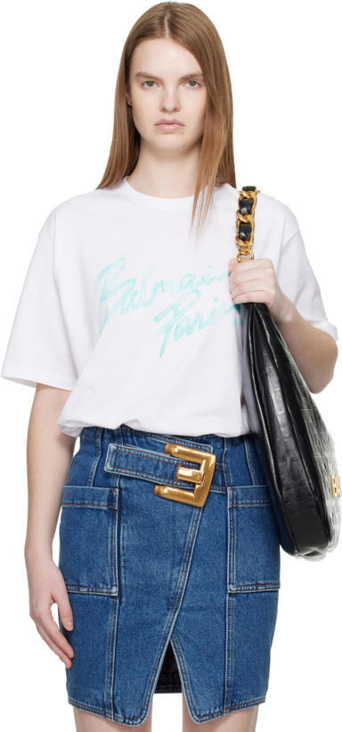 Photo: Balmain White Boxy 'Balmain Paris' Brush Print T-shirt