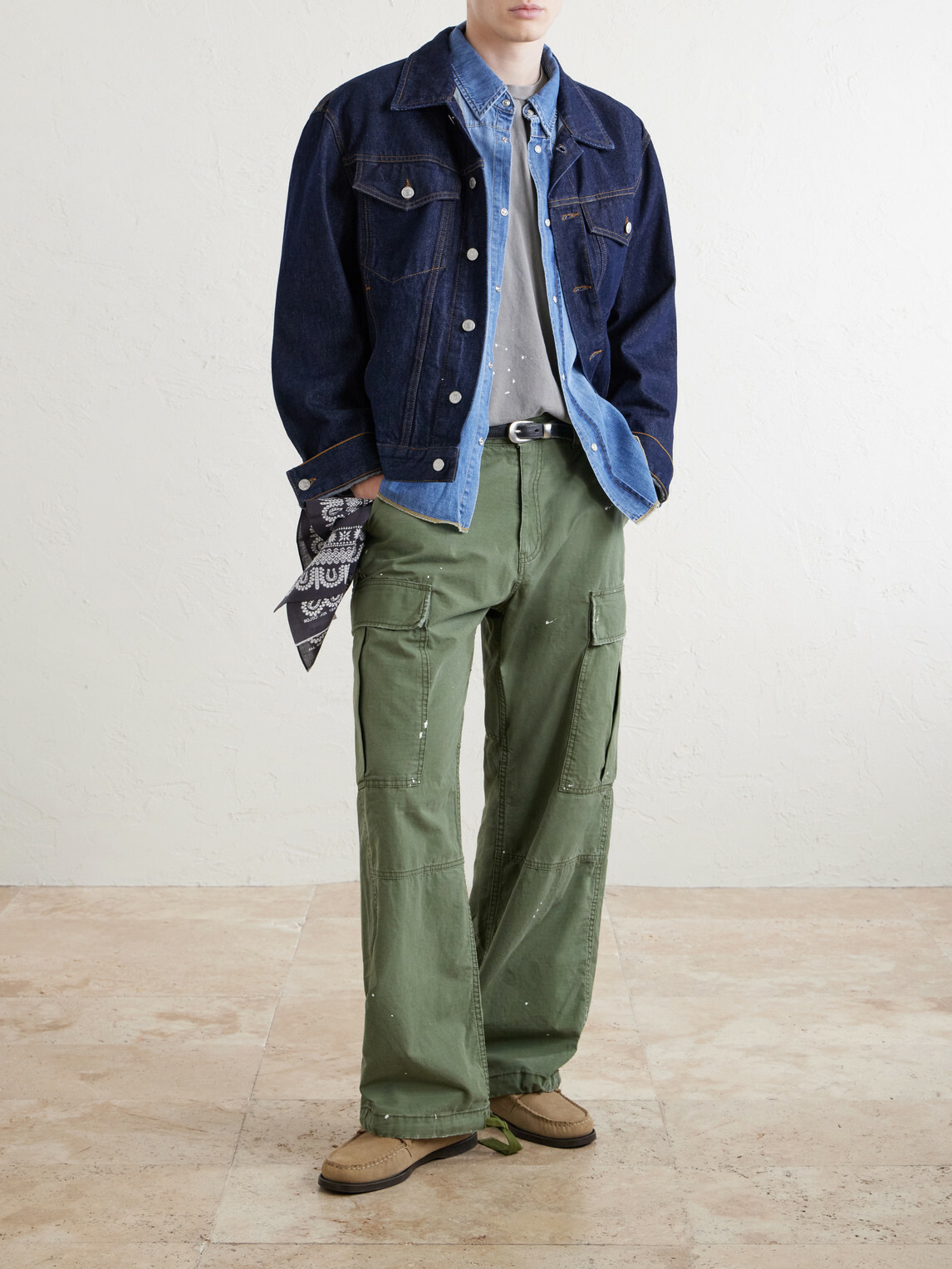 Cherry Los Angeles - Wide-Leg Paint-Splattered Cotton-Ripstop Cargo Trousers - Green