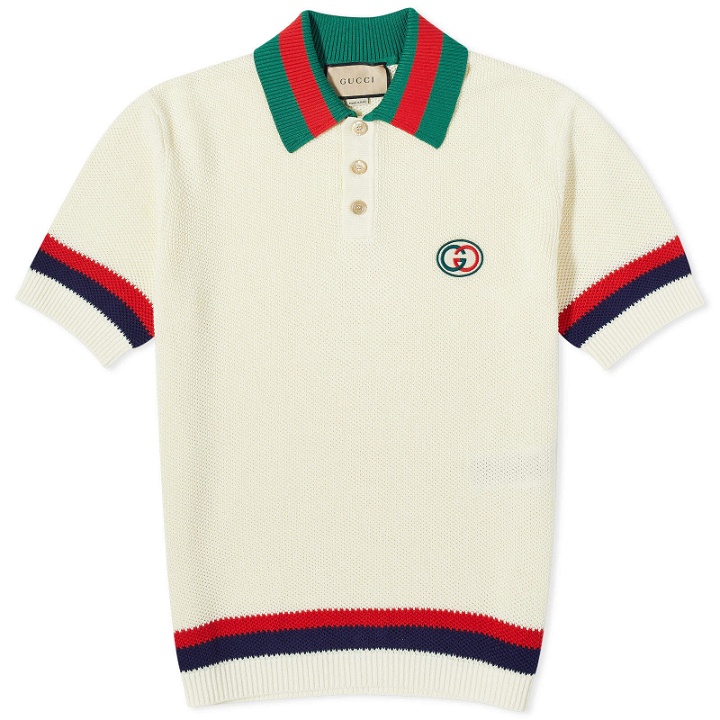 Photo: Gucci Men's GG Logo Resort Knitted Polo Shirt in Ivory/Red/Green