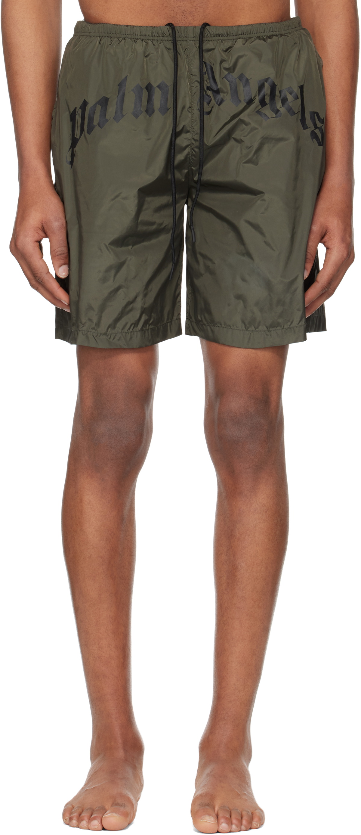 Palm Angels Khaki Curved Logo Swim Shorts Palm Angels