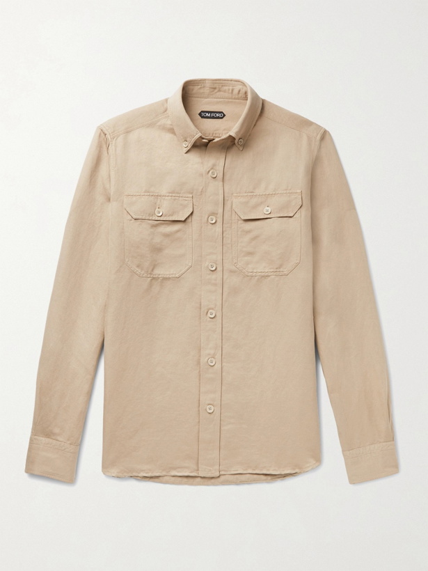 Photo: TOM FORD - Slim-Fit Button-Down Collar Garment-Dyed Linen and Cotton-Blend Shirt - Neutrals