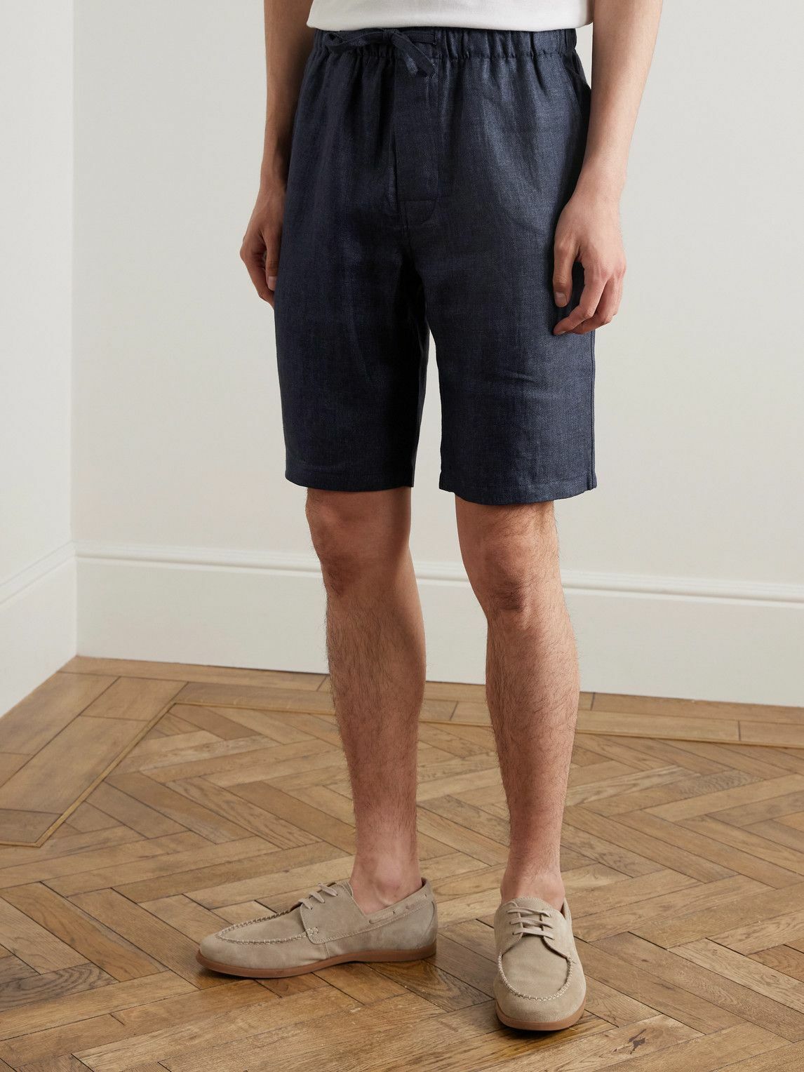 De Petrillo - Slim-Fit Straight-Leg Linen Drawstring Shorts - Blue