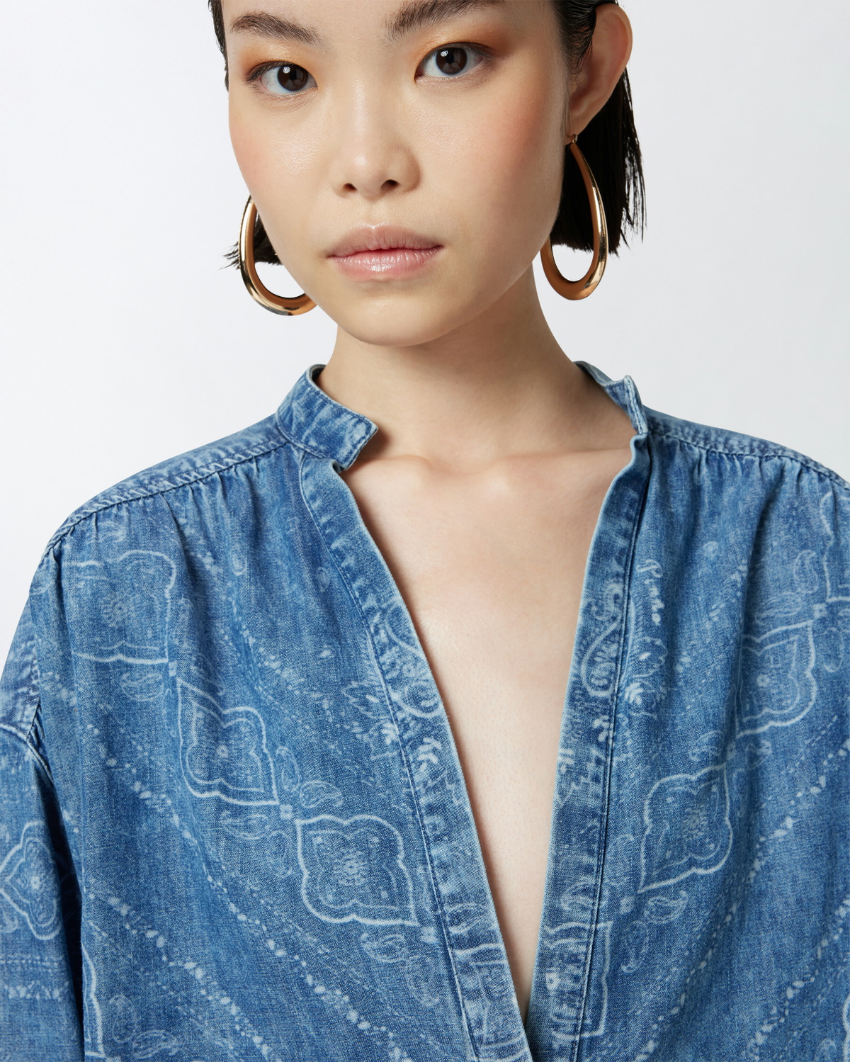 Pinko V Neck Bandana Print Denim Blouse Light Wash