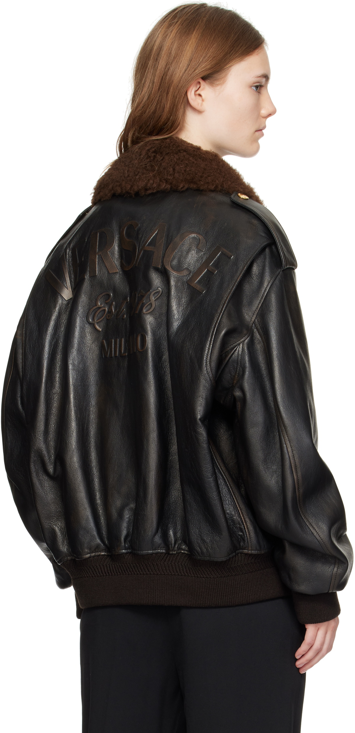 ジャケット・アウター Versace leather fur coat Versace Black Shearling Collar Leather Bomber Jacket Versace