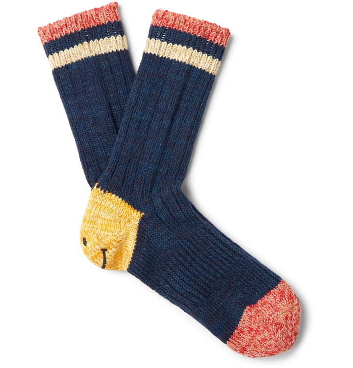 Photo: KAPITAL - Smiley Striped Cotton and Hemp-Blend Socks - Blue