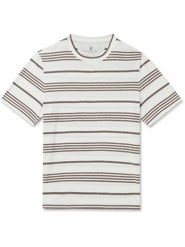Photo: Brunello Cucinelli - Striped Cotton-Jersey T-Shirt - Brown