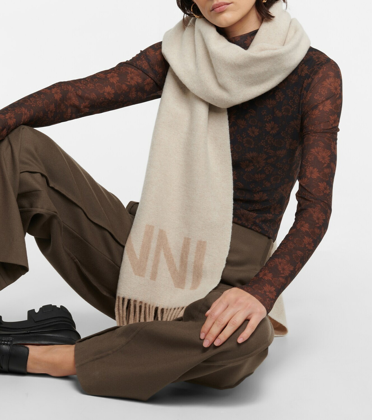 Ganni Fringed wool scarf GANNI