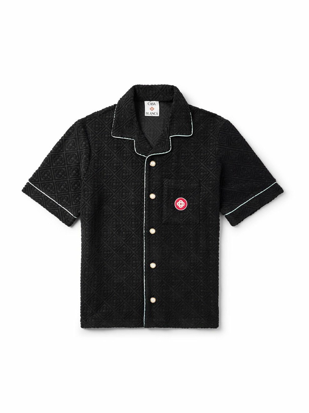 Photo: Casablanca - Camp-Collar Logo-Appliquéd Monogrammed Cotton-Blend Terry Jacquard Shirt - Black