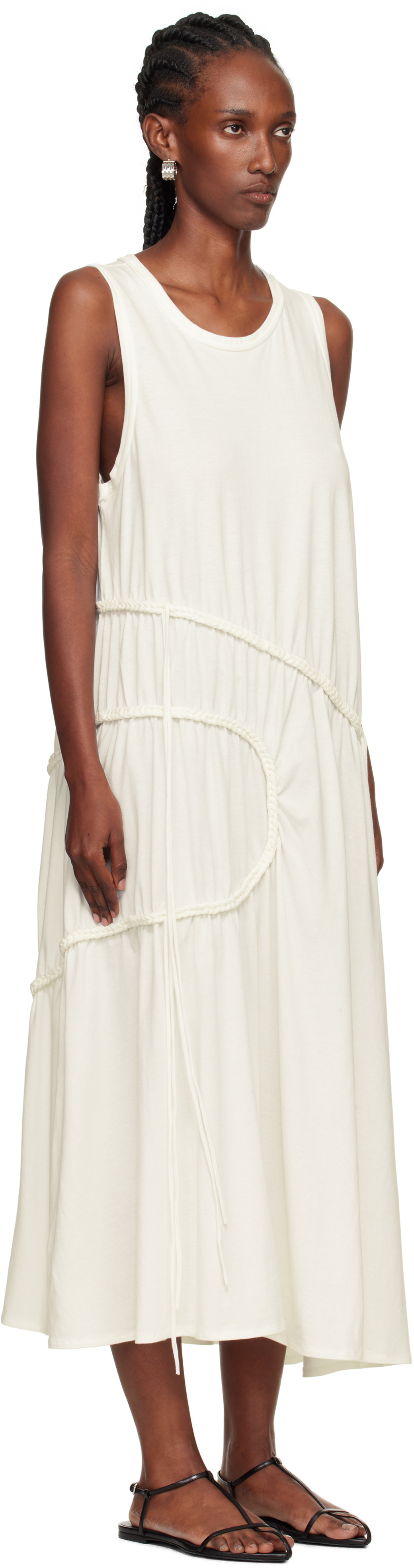Y's Off-White Chain Stitch Sleeveless Midi Dress