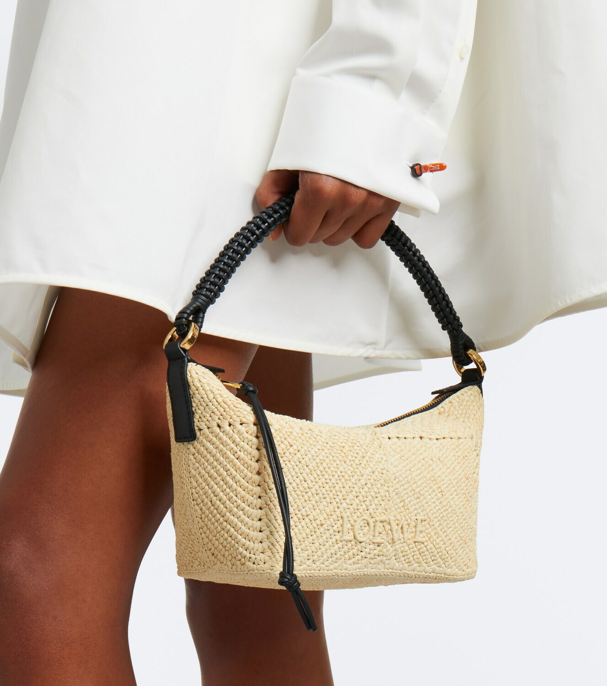 Loewe Cala Mini leather-trimmed raffia top-handle bag