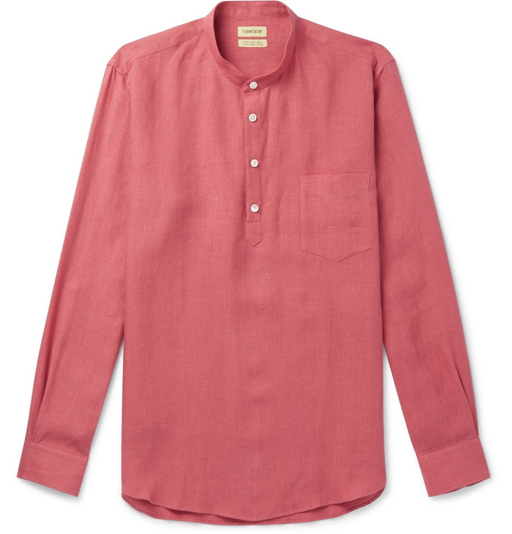 Photo: De Bonne Facture - Grandad-Collar Linen Half-Placket Shirt - Red