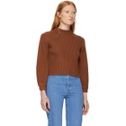 Tibi Brown Merino Rib Slit Neck Pullover Sweater