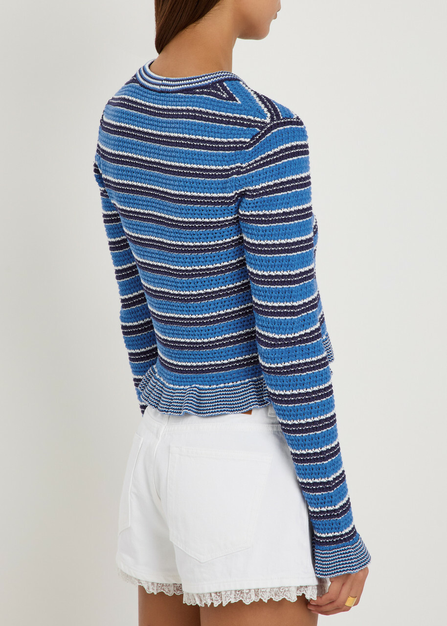 Ganni Striped Cotton-knit Cardigan Light Blue