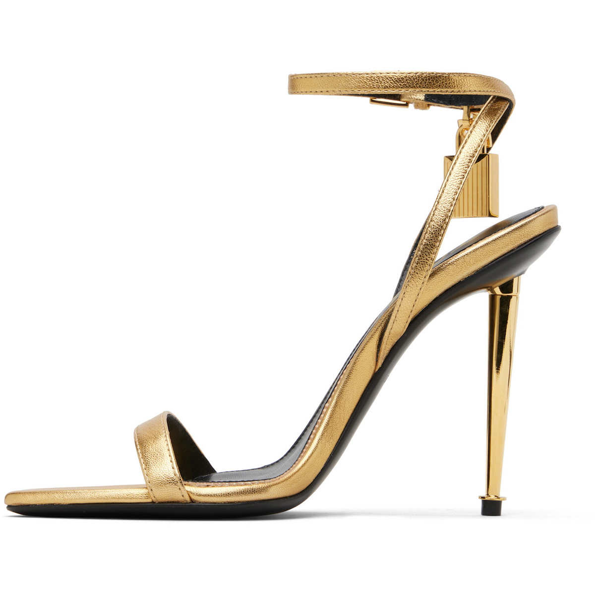 TOM FORD Gold Laminated Padlock Pointy Naked Heeled Sandals