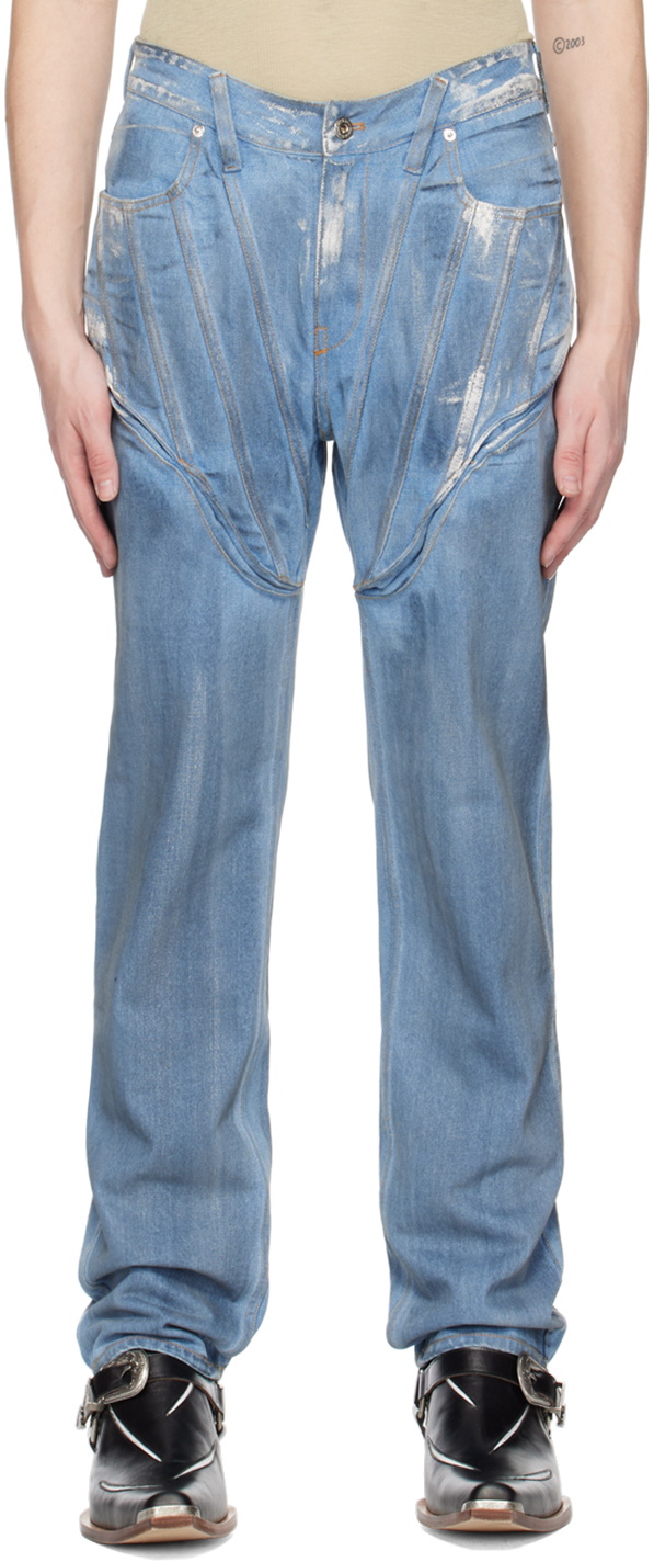 Juntae Kim Blue Painted Corset Jeans Juntae Kim