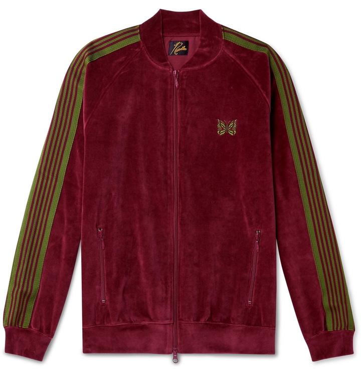 Photo: Needles - Logo-Embroidered Webbing-Trimmed Cotton-Blend Velour Track Jacket - Burgundy