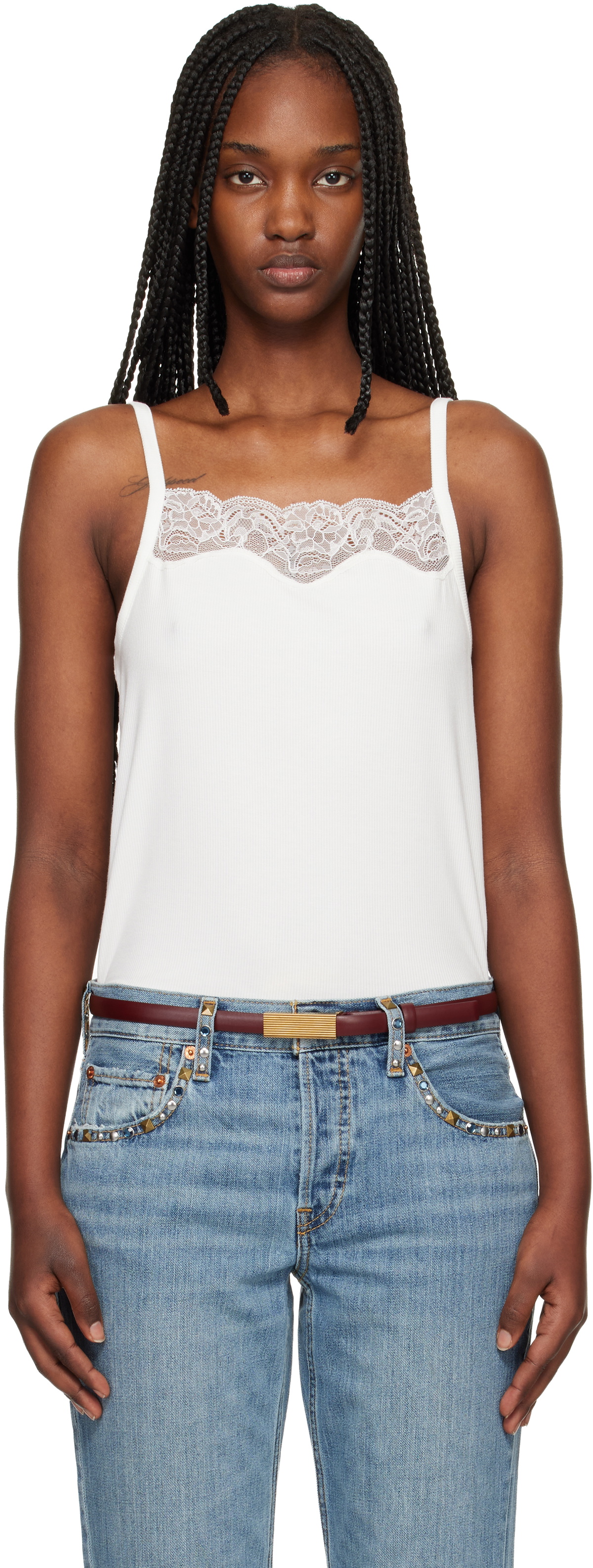 Re/Done Off-White Lace Ribbed Camisole