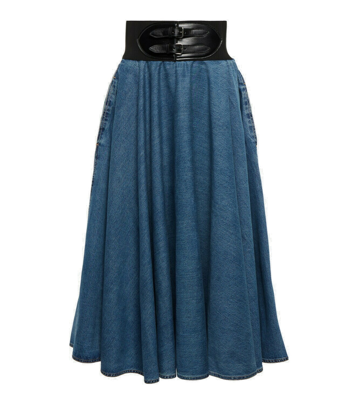 Alaia denim Belted midi long flare dress skirt Bottoms AA9J04143T536 blue 36