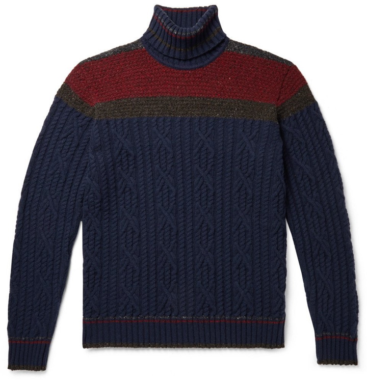 Photo: Etro - Slim-Fit Colour-Block Cable-Knit Wool-Blend Rollneck Sweater - Navy