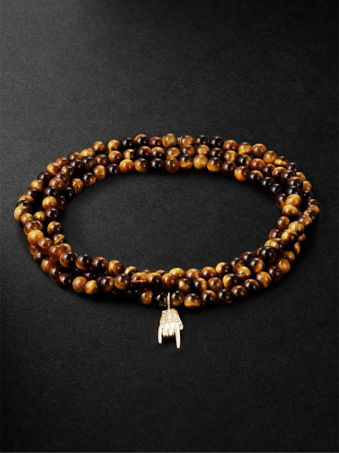 Sydney Evan - Small Mano Cornuto Gold, Tiger's Eye and Diamond Beaded Bracelet