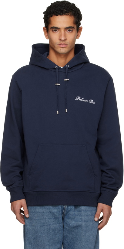 Photo: Balmain Navy 'Balmain' Signature Hoodie