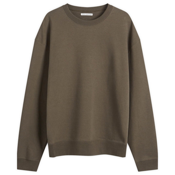 Photo: Uniform Experiment Men's Chenille Back Logo Sweatshirt in Khaki
