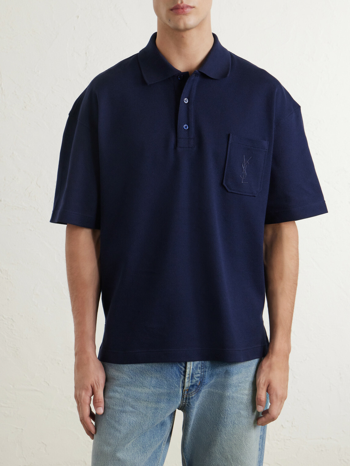SAINT LAURENT - Cassandre-Embroidered Cotton-Piqué Polo Shirt - Blue