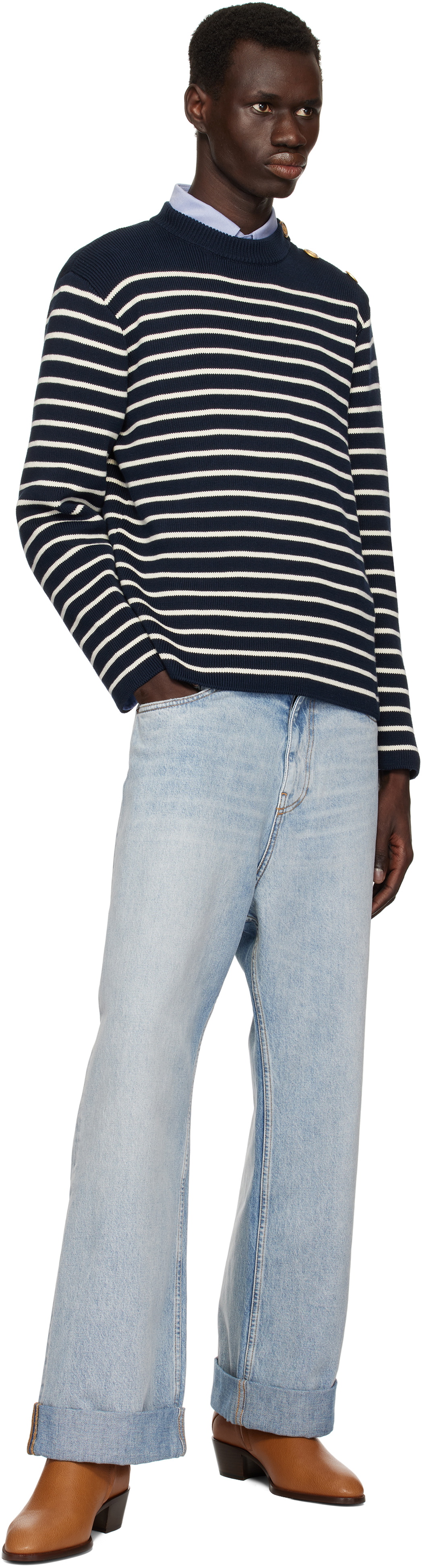 Women Navy & White Striped Sweater
