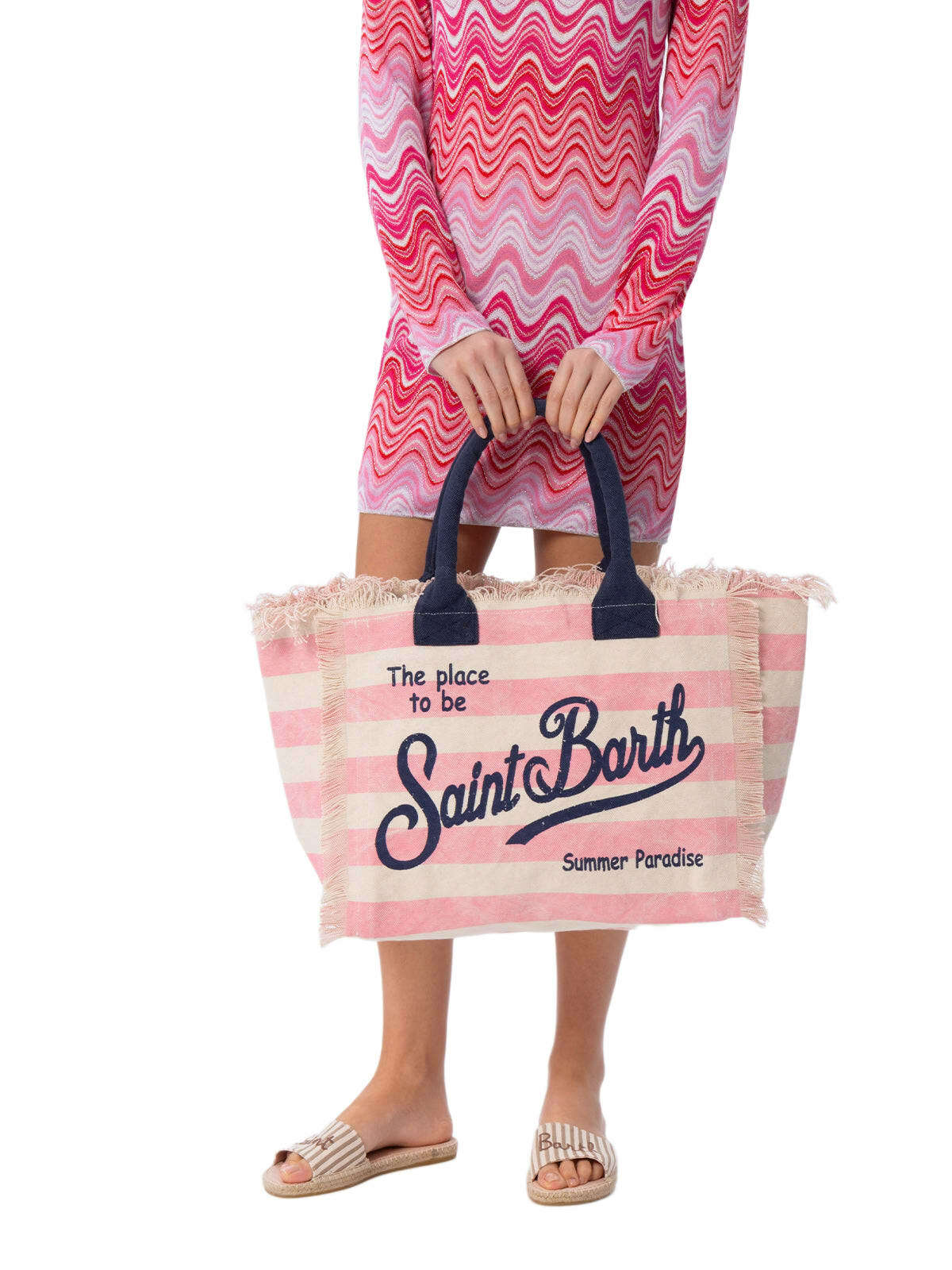 MC2 Saint Barth Pink Striped Cotton Canvas Vanity Tote Bag