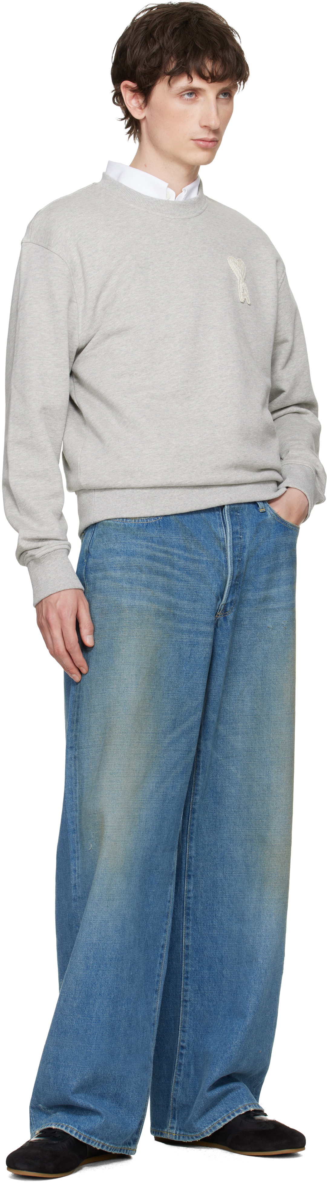 AMI Paris Gray Cotton Crochet 'Ami de Coeur' Sweatshirt AMI