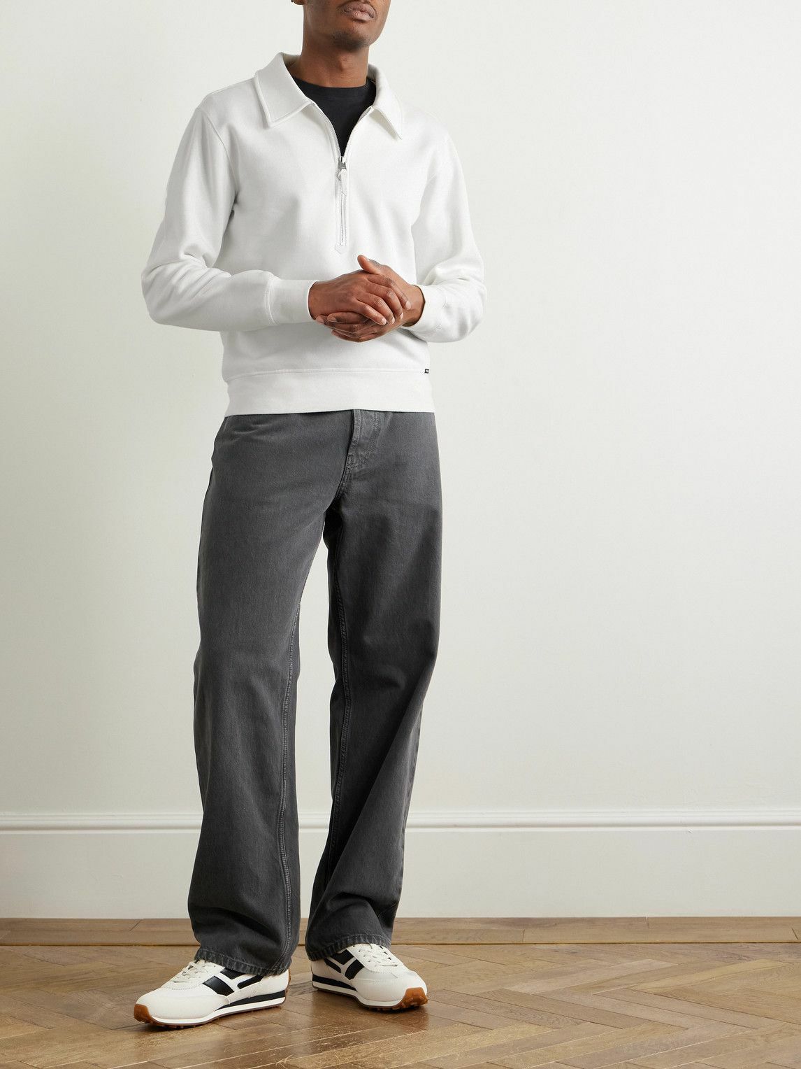 TOM FORD - Leather-Trimmed Cotton and Cashmere-Blend Jersey Half-Zip Sweatshirt - White