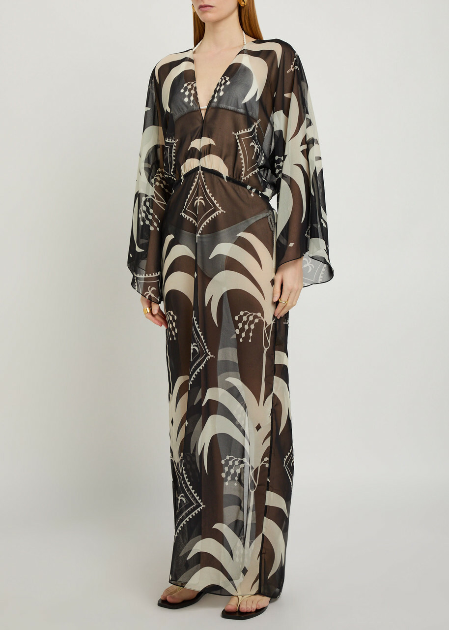 Johanna Ortiz Spiritual Healers Patterned Georgette Maxi Kaftan Black