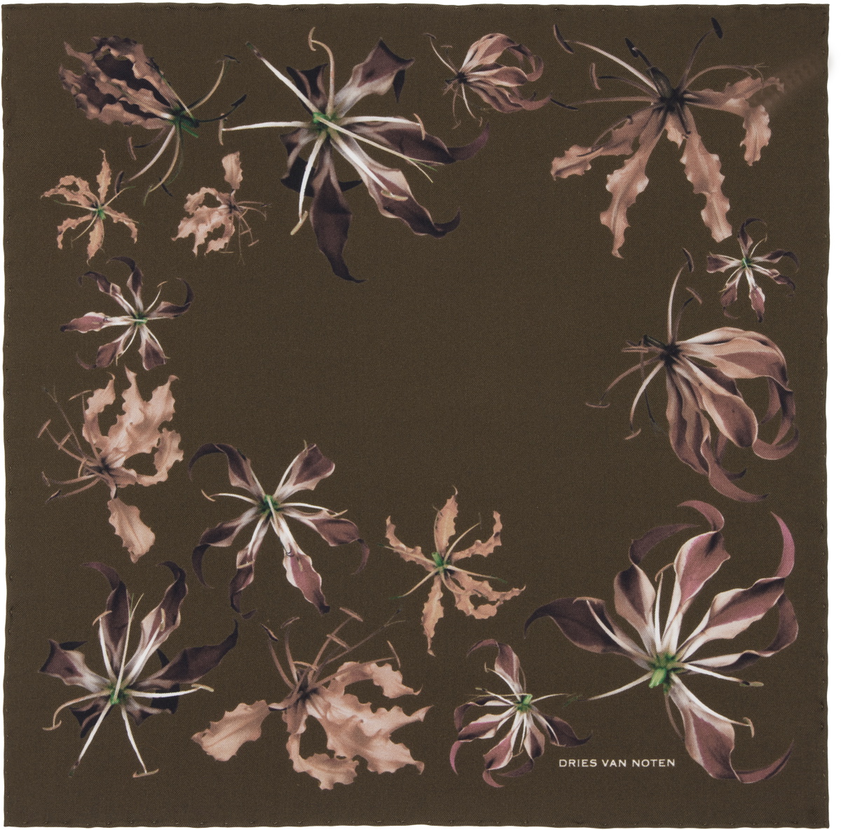 Dries Van Noten Khaki Printed Pocket Square